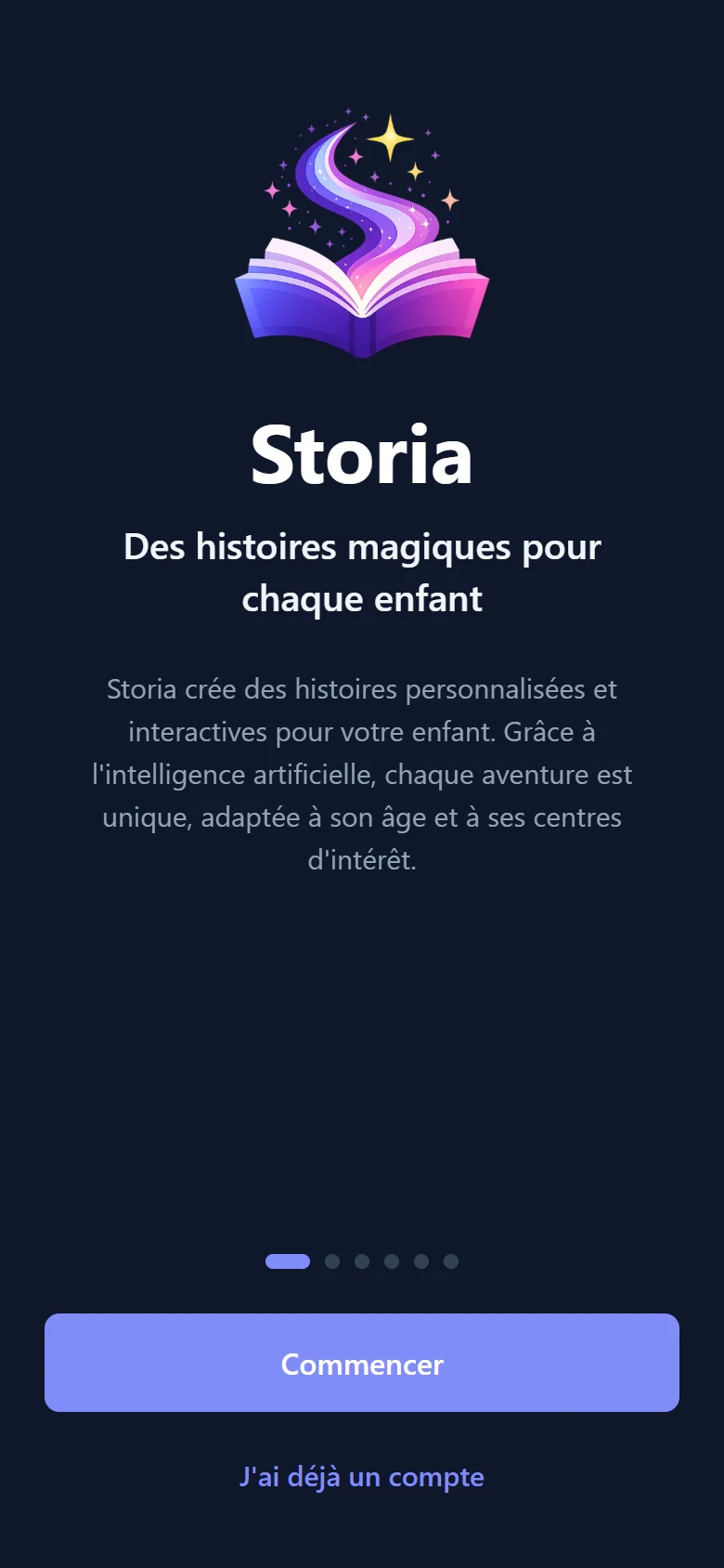 Application histoire personnalisée enfant Storia - écran d'accueil avec profils